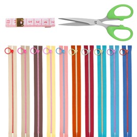 GLARKS 12pcs 30cm/11.8in Nylon Resin Zipper Set with Lifting Ring Pull, 10 Colors Coil Zipper Close End, Zinc Alloy Ring Puller, Scissors, Soft Tape Measure Kit, Sewing Zipper for Sewing Craft