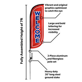 LookOurWay Feather Flag Set, 5 ft Advertising Flag with Poles and Ground Spike for Business Promotion, Open Themed (Welcome/Red)