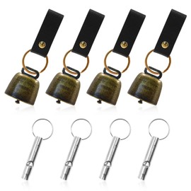 4Pcs Loud Bear Bells with Whistles and PU Leather Keychains, Bear Bells for Hiking and Loud Hiking Whistles, Cow Bells, Dog Bells, Safety Whistle for Camping Hiking Outdoor (Bronze)