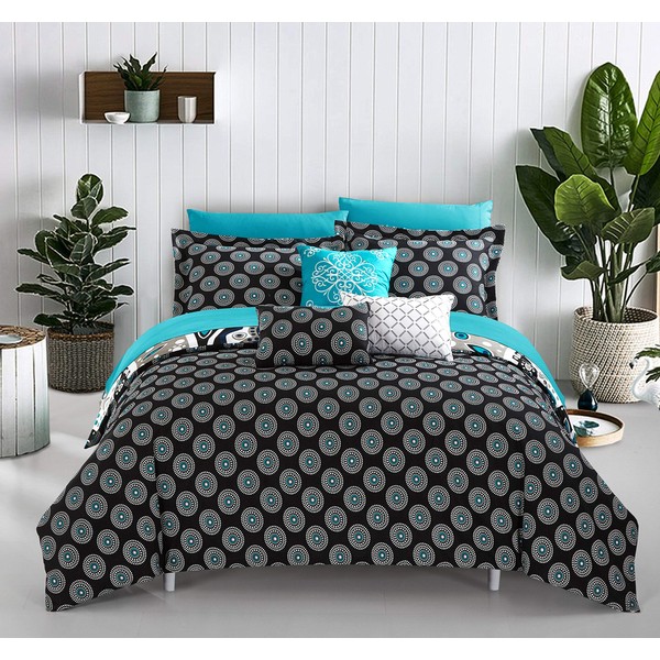 Chic Home Mornington Large Scale Contempo Bohemian Reversible Printed with Embroidered Details. Queen Bed in a Bag Comforter Set, Black