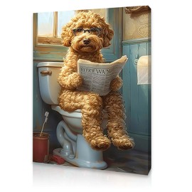 Qiukoo Funny Dog Toilet Wall Art, Humorous Bathroom Decor, Canvas Prints for Walls, Modern Toilet Sign Artwork, Cute Wall Decoration, Quirky Bathroom Picture for Home 12x16 Inch