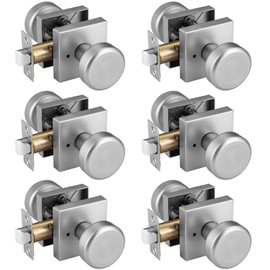 STARPY 6 Pack Brushed Nickel Door Knobs with Square Rosette, Interior Door Handles for Bath & Bed, Heavy Duty Door Knob with Lock