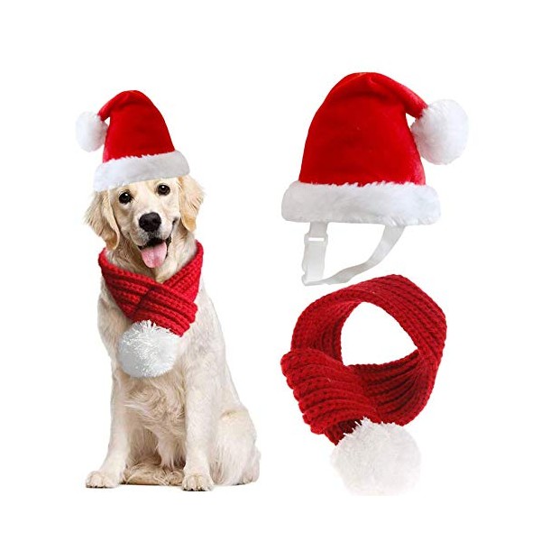 Inscape Data Christmas Dog Santa Hat with Scarf, Adjustable Santa Hat for Dog and Xmas Pet Knit Red Scarf with White Pompom Ball, Dog Winter Neck Warmer Scarf, Christmas Party Dressup