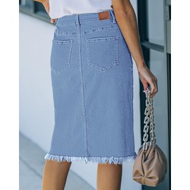 luvamia Women's Casual Mid Rise Button Down Frayed Raw Hem Stretchy Denim Midi Skirt Jean Skirt Light Blue Size X-Large