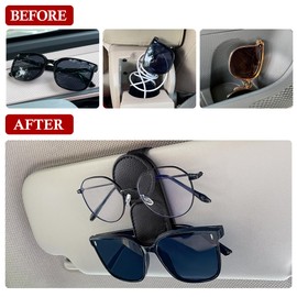 KIWEN 2 Pack Sunglasses Holder for Car Visor, Magnetic Leather Sunglass Eyeglass Hanger Clip for Car Sun Visor Accessories (2, Black)