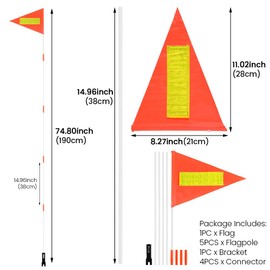 NINEFOX Bike Safety Flag with Pole, Orange, 74.8" Adjustable Height, Reflective Stripes, PVC & Fiberglass, 5pcs Set
