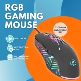 MANHATTAN RGB LED Wired Optical USB Gaming Mouse - 7200 DPI, Ergonomic Shape, 7 Buttons, Color-Changing LEDs, Low-Friction Base, Computer Mouse for Laptop, Extra-Long Braided Cable - 190121