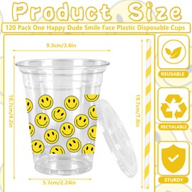 FYSUIMU 120Pcs One Happy Dude Plastic Cups with Lids Straws Smile Face Checkered Drinking Cup 12oz Yellow Black Disposable Cups for Birthday Baby Shower Supplies