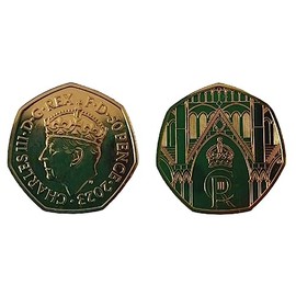 24ct Gold Plated 2023 King Charles Ill Coronation 50P Coin BRILLIANT UNCIRCULATED with Airtile Coin Holder