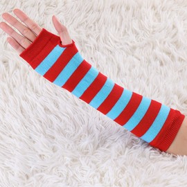 Allegra K Women's Fingerless Gloves Printed Elbow Length Knitted Arm Warmers One Size Blue Red