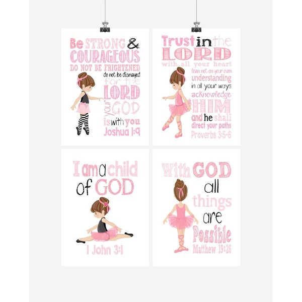 Pink Ballerina Christian Nursery Decor Set of 4 Prints with