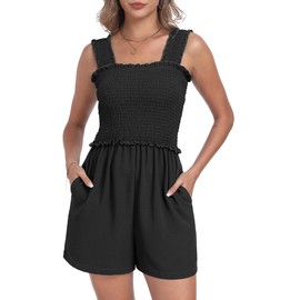 QIXING Women's Summer Casual Rompers Dressy Smocked Loose Comfy Short Jumpsuits Vacation Outfits With Pockets Black-L