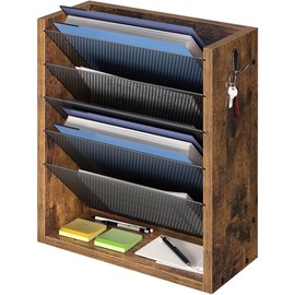 Creso hom Hanging Wall File Organizer, 6 Tier Wood Wall File Holder with 2 Hooks, Mail Organizer Wall Mounted with Bottom Flat Tray, Vertical Paper Desk Storage for Office, Home, Rustic Brown