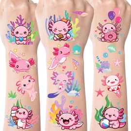 Pink Axolotl Temporary Tattoos for Kids - 8 Sheets Axolotls Birthday Party Favors Decorations Supplies Cute Reptile Animals Salamander Fake Tattoo Stickers for Girls Boys School Rewards Gifts