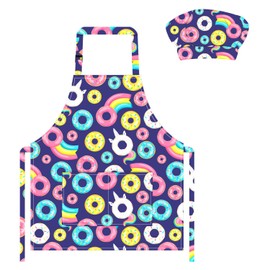 TOPWAYS 2 PCS Kids Aprons, Chef Hat Set Children Apron, Doughnut Print Children's Apron Adjustable with 2 Pockets for Cooking Baking Painting Wear (Blue Donut)