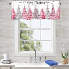 XYTIDUKEJI Christmas Valances for Windows, Pink Christmas Tree Holiday Design, Short Curtains Topper Rod Pocket Light Filtering Kitchen Bathroom Farmhouse Window Treatments 1 Panel,54x18 Inch