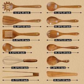 Unokit Unokit Wooden Utensil Set - 12 PCS Natural Teak Wood Kitchen Utensils Set with Wooden Spoons for Cooking and Spatula, Non-Scratch Nonstick Safe, Heat Resistant for All Cookware