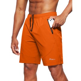 Pudolla - Pantalones cortos de entrenamiento para hombre, ligeros, para gimnasio, atléticos, con bolsillos con cierre, Naranja, Medium