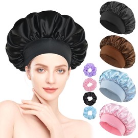 CAVIGLTE 4 Piezas Gorro de Seda para Dormir con 4 Gomas para el Pelo, Ajustable Gorro de Satin para Dormir, Gorro para Dormir para Dormir, Ducha y Belleza