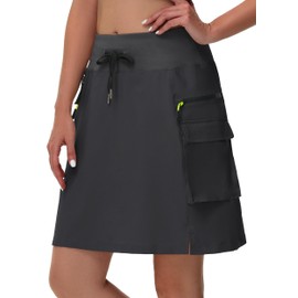 JWM 20" Women's Hiking Knee Length Cargo Skorts Skirts with Zipper Pockets Golf Quick Dry Tummy Control Long Skort Black