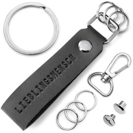 FABACH Leather Keyring with Interchangeable Key Ring in Gift Box – Key Pendant for Best Friend and Partner with Favourite Person Engraving – Lanyard Key Holder, Black leather, Keyring