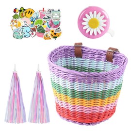 YANGUN Children's Bicycle Basket, Children's Bicycle Handlebar Basket, Rattan Bicycle Basket for Children, Bicycle Basket Children Front with Leather Straps Streamers Bicycle Bell Sticker