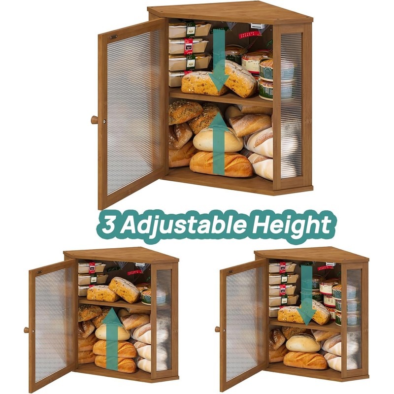 Corner Bread Box for Kitchen Counter, Bamboo Wood Large Capacity