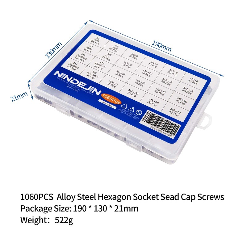 NINDEJIN 1060pcs 12.9 Grade Carbon Steel M2 M3 M4 M5