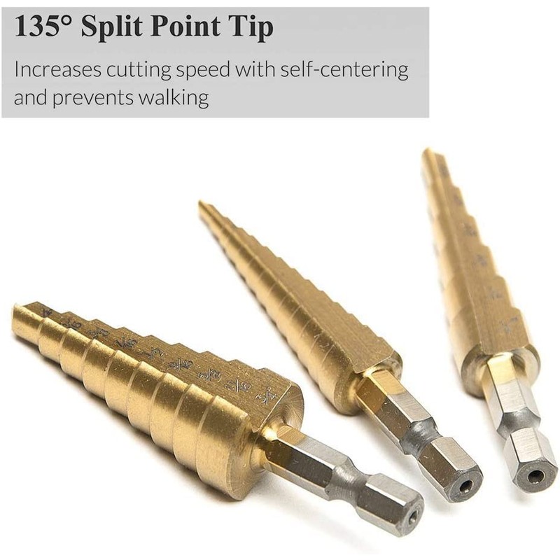 Bestgle 3 Pcs Step Drill Bits 1/4" Hex Shank SAE