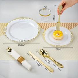 Bestluck 350PCS Gold Plastic Plates for 50 Guests, Disposable Dinnerware Sets Include 100 Gold Rim Plastic Plates, 50 Silverwares, 50 Cups, and 50 Pre Rolled Napkins for Party, Wedding, Graduation