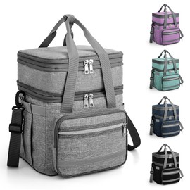 EXLIFBAG Lunch Box for Women, Insulated Double Deck Lunch Bag for Adults, Leakproof Cooler Lunchbox for Men with Adjustable Shoulder Strap, Grey