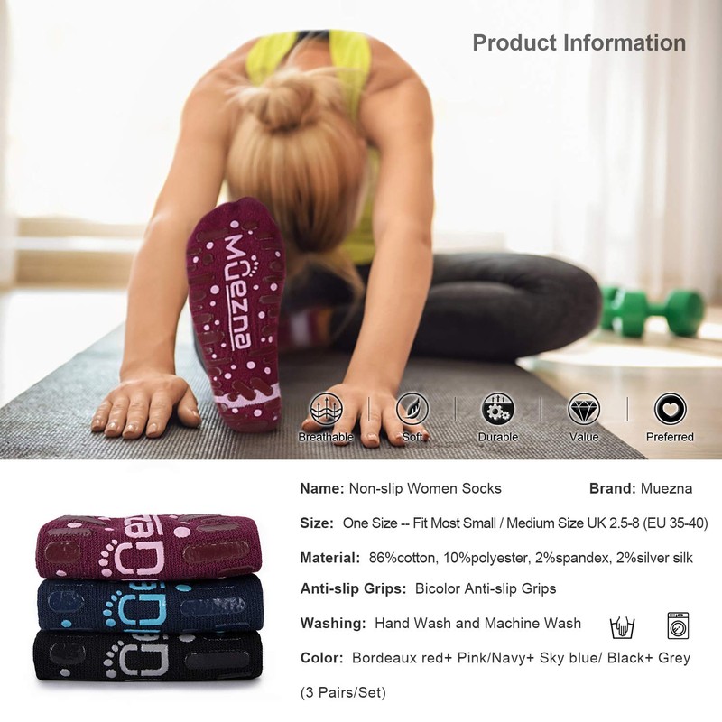 Muezna Non Slip Yoga Socks for Women, Anti-Skid Pilates, Barre,