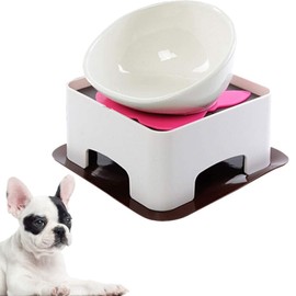 JYHY Bulldog Bowl Ceramic Dog Food Bowl - Cat Dish Wide Mouth Dog Bowl Pet Sterile Tilted Pet Feeder with Anti-Skid Rubber Mat (White M/1.5 Cup)