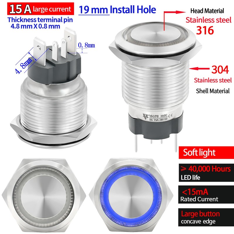 ZJWZJH 15Amp Latching Push Button Switch 19mm 3/4" Hole 12V/24V