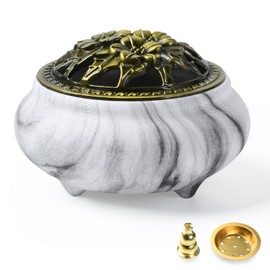 plainele Ceramic Incense Burner with Incense Holder+Spacer Layer+Fireproof Cotton,Handmade Smudging Burn Bowl for Stick or Coil Incense,Sage Cones and Frankincense (Black & White)