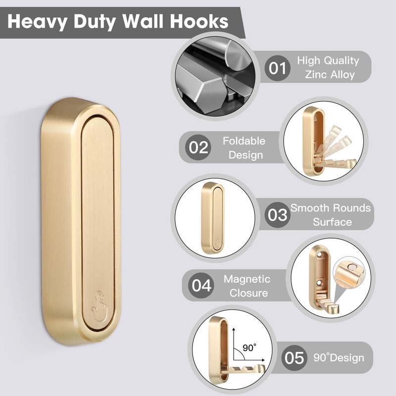 Dntorx Folding Wall Hooks, 4 Pcs Foldable Gold Coat Hooks
