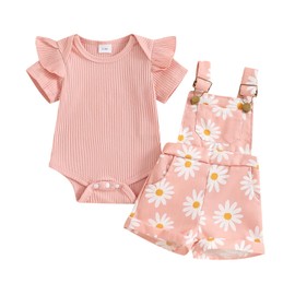Rtnnsbbfcm Newborn Baby Girl Clothes Summer Outfit Short Sleeve Ribbed Romper Floral Suspender Overalls Shorts Set (Pink, 0-3 Months)