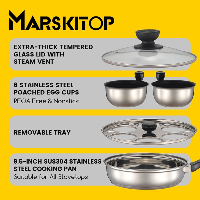 MARSKITOP Egg Poacher, Poached Eggs Cooker, Stainless Steel Egg Poaching