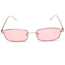 RUNHUIS Retro Classic Small Rectangle Sunglasses Women Men Vintage Slim Rectangular Metal Frame Glasses, silver/pink