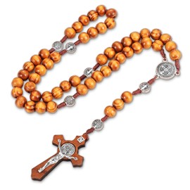 Hicarer Olive Wood Rosary Necklace Catholic Rosary Cross Wood Beads Handmade Rosary Wooden Chain Cross Olive Wood Beads Necklace with Flannel Bag for Men and Women Necklace (Brown)