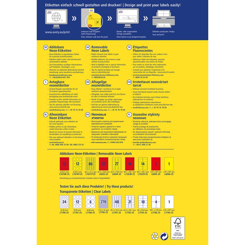 Avery Zweckform, L6006-20 Removable Neon Labels / 210 x 297