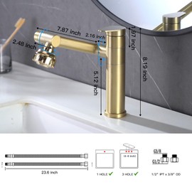 Bathroom Faucet Champagne Gold 1080 Degree Swivel Lavatory Basin Sink Faucet 1 Handle Big Angle Spray Aerator Spout Extender Universal Rotating Splash Filter 2 Water Outlet Modes