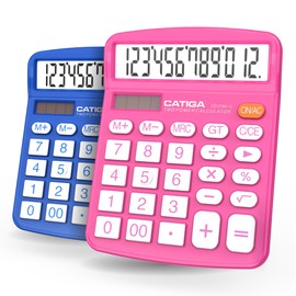 CATIGA Desktop Calculator (2 Pack) 12 Digit with Large LCD Display and Sensitive Button, Solar and Battery Dual Power, Standard Function for Office, Home, School, CD-2786 (Blue/Pink)