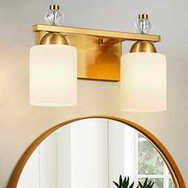 BNHHLZ White Glass Bathroom Vanity Light Fixtures 2 Light Mid Century Gold Vanity Light Over Mirror Modern Vanity Lights for Bathroom Mirror Hallway E26 Socket (Bulbs Not Included)