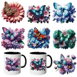 7pcs Butterfly & Floral UV DTF Cup Wraps Winter UV DTF Transfer Waterproof Sticker for Glass Cups Furniture Craft DIY Crafts，Rub on Transfer Stickers for DIY Water Bottle Laptop Decal Wood Car