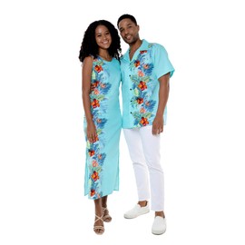Matchable Couple Hawaiian Luau Maxi Tank Dress, Orchid Paradise Turquoise, Women, Large