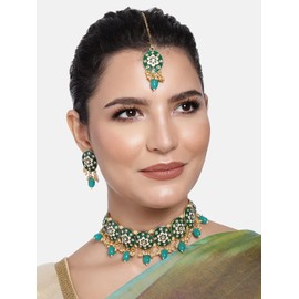 Aheli Kundan Beads Choker Necklace with Earrings Maang Tikka Set Indian Wedding Ethnic Traditional Jewelry Gift for Women Green