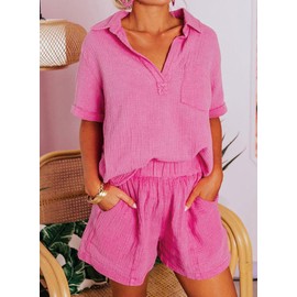 Dokotoo 2 Piece Outfits for Women Fashion Lounge Sets 2024 Summer Two Piece Solid Textured V Neck Polo Shirts and High Waist Shorts Pants with Pockets Resort Wear Vacation Tracksuits Rose L