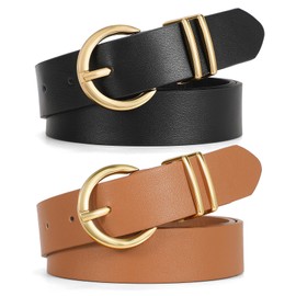 XZQTIVE 2 Pack Womens Leather Belts for Jeans Dress Pants Fashion Plus Size Ladies Black Waist Belt with Gold Buckle