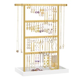 SONGMICS Jewelry Organizer, 4-Tier Earring Holder Organizer Stand with Base Tray, for Studs and Necklaces, Vintage, White and Gold Color UJJS019A01